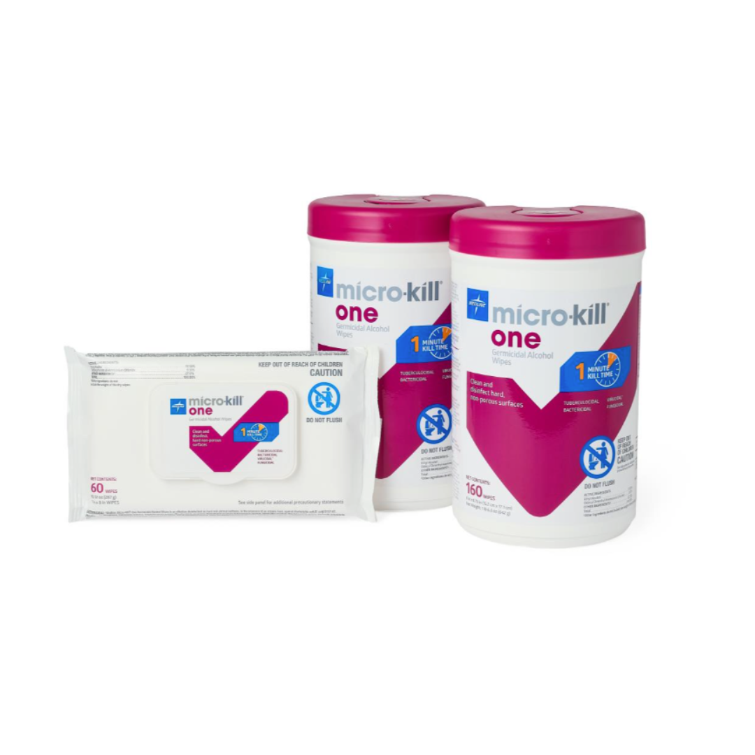 Three Medline Micro-Kill One Germicidal Alcohol Wipes containers—two cylindrical canisters and one flat packet with pink, white, blue, and orange accents—displayed on a white background. Perfect for disinfecting surfaces.
